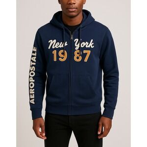 Aeropostale Hoodie Sweatshirt New York 1987 Navy Blue Full Zip‎ Varsity Y2K Logo